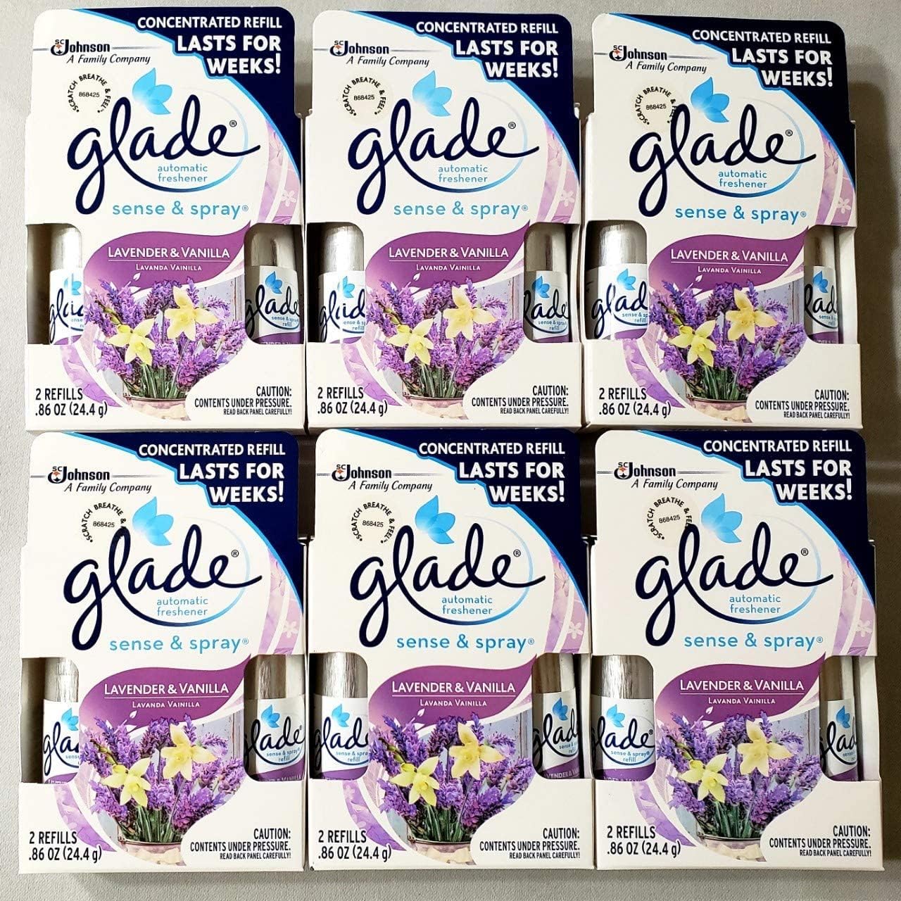 12 Glade Sense & Spray Automatic Freshener Refill Lavender & Vanilla (6 Twin Pack)