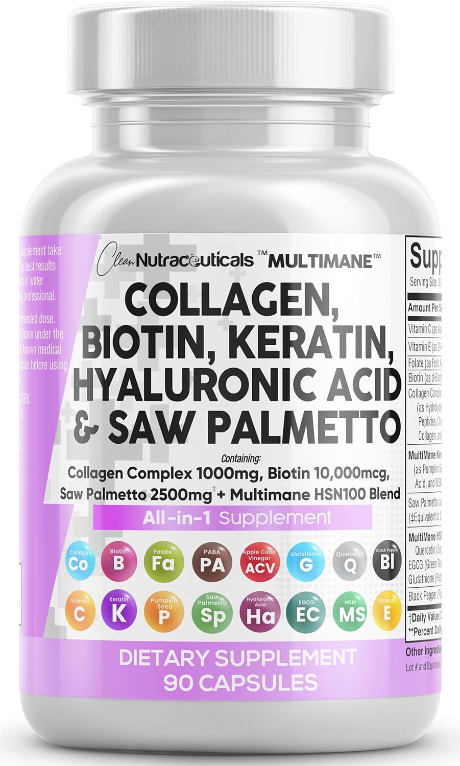 Clean Nutraceuticals Collagen Pills 1000Mg Biotin 10000Mcg Keratin Saw Palmetto 2500Mg Hyaluronic Acid - Hair Skin & Nails Vitamins & Dht Blocker With Vitamin E Folic Acid Pumpkin Seed Msm - 90 Count