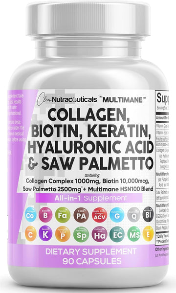 Clean Nutraceuticals Collagen Pills 1000Mg Biotin 10000Mcg Keratin Saw Palmetto 2500Mg Hyaluronic Acid - Hair Skin & Nails Vitamins & Dht Blocker With Vitamin E Folic Acid Pumpkin Seed Msm - 90 Count