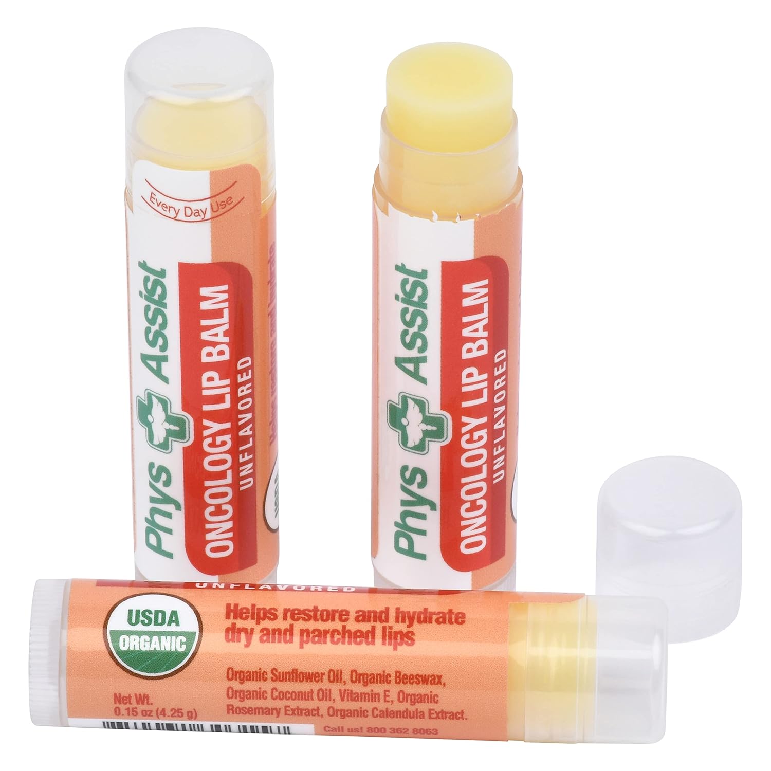 PhysAssist Oncology Lip Balm USDA Organic Unflavored Moisturize, Hydrate & Protect Dry parched lips during Chemo or Radio USDA Organic. 3 Pack : Beauty & Personal Care