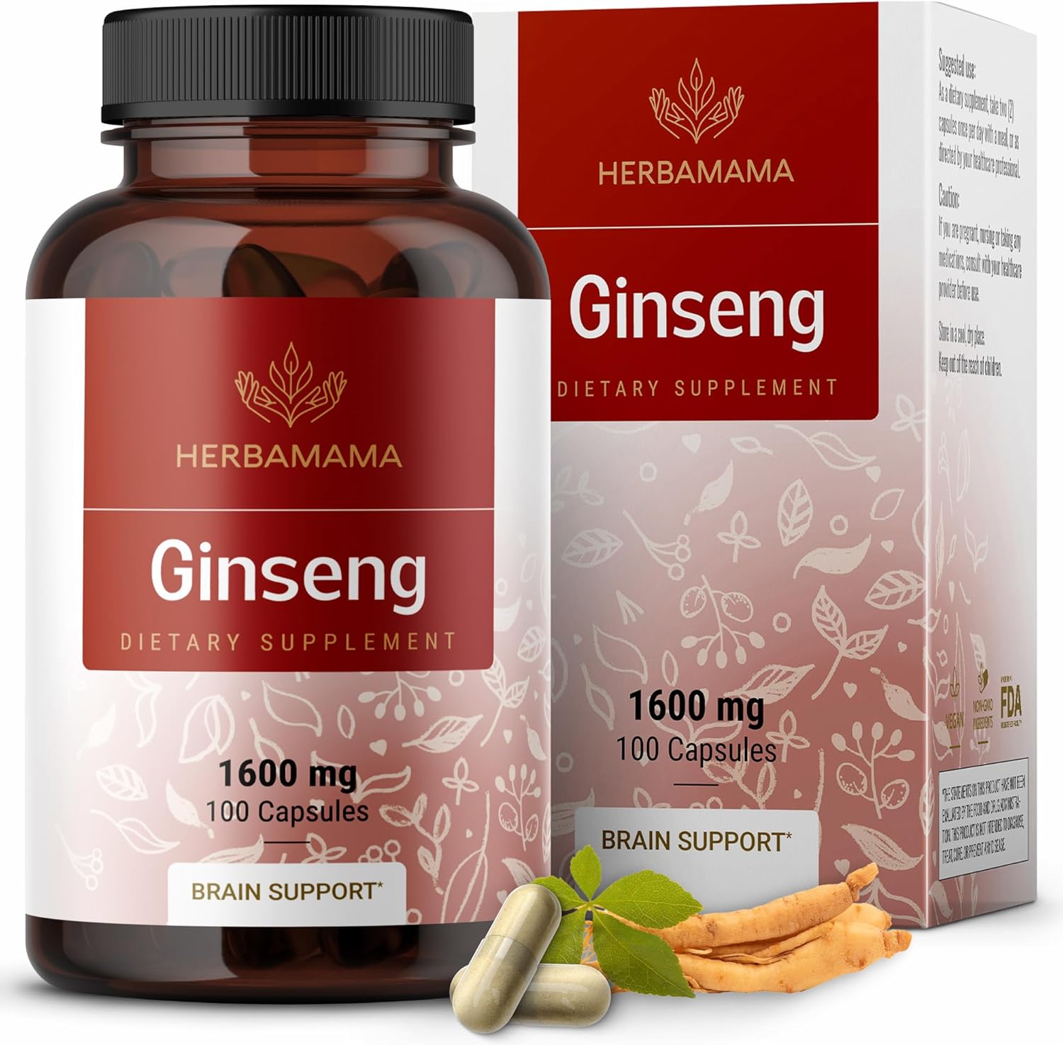 Herbamama Korean Red Ginseng Capsules - 1600 Mg Panax Ginseng Energy Supplements - Red Ginseng Root - Vegan, Non-Gmo - 100 Caps