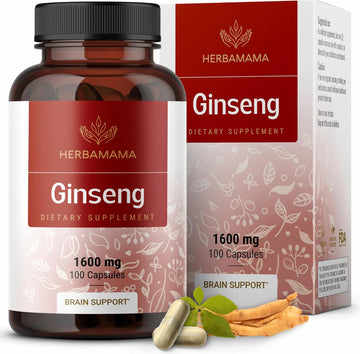 Herbamama Korean Red Ginseng Capsules - 1600 Mg Panax Ginseng Energy Supplements - Red Ginseng Root - Vegan, Non-Gmo - 100 Caps