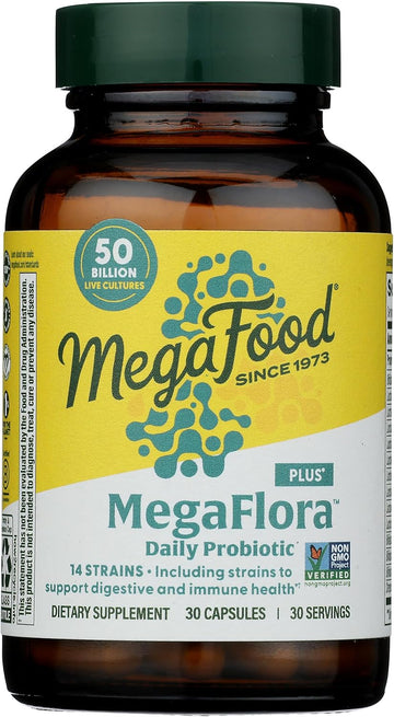 Megafood Megaflora Probiotic Plus - Probiotics For Women And Men - 50 Billion Cfus & 14 Strains - Probiotics For Digestive Health & Immune Support - Vegan - Made Without 9 Food Allergens - 30 Caps