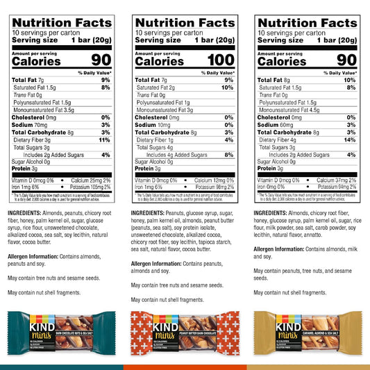 Kind Bar Minis, Variety Pack, Dark Chocolate Nuts And Sea Salt, Peanut Butter, Caramel Almond , Healthy Snacks, Gluten Free, Low Sugar/Calorie Snacks, 30 Count