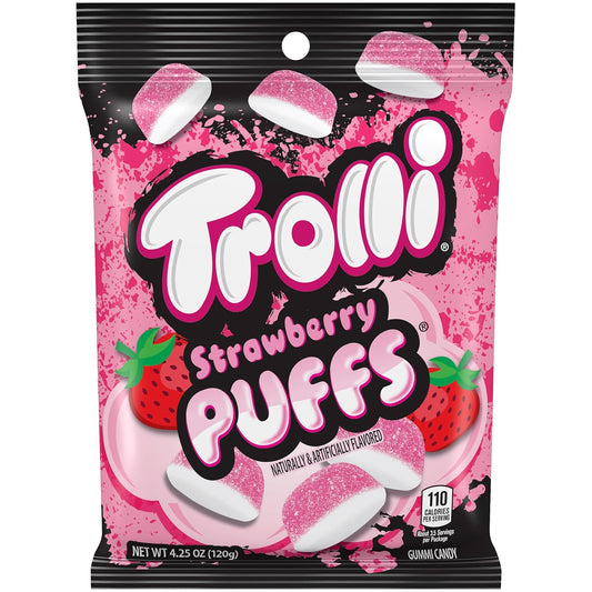 Trolli Strawberry Puffs, Sour Gummy Worms Candy, 4.25 Ounce Bags (Pack Of 12)