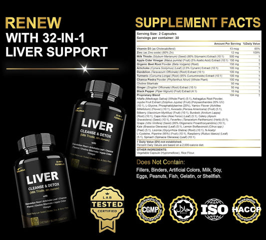 32 In 1 Liver Cleanse Detox & Repair Formula With Apple Cider Vinegar, Milk Thistle Supplement, Artichoke, Dandelion Root Supplement - Non-Gmo & Vegan Herbal Liver Support & Repair