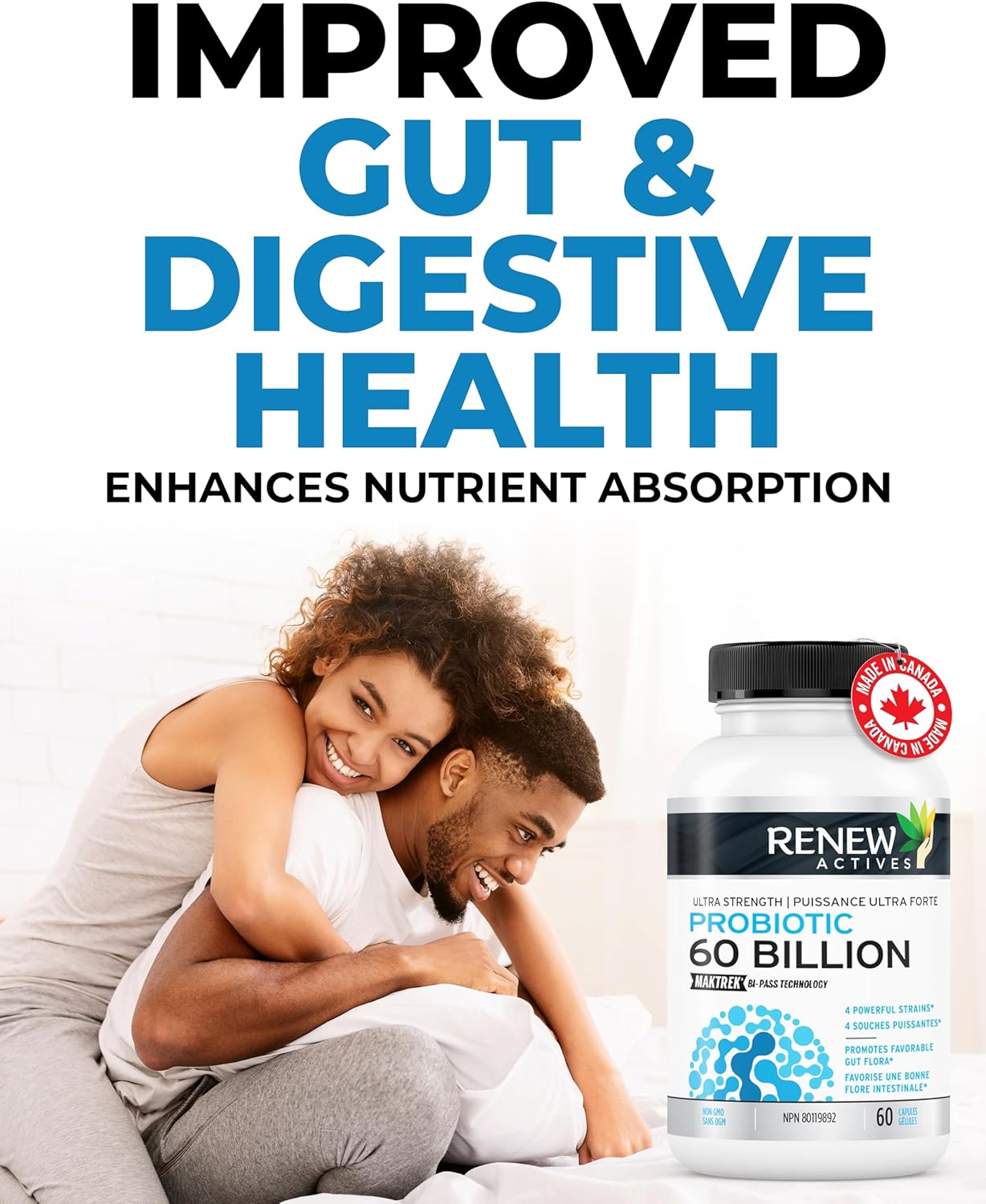 Renew Actives Probiotic Supplement For Digestive Health 60 Billion Cfu Per 2 Capsules - Advanced Formula With Prebiotic Benefits - Supports Gut Flora Balance & Wellness - Made In Canada - 60 Capsules : Health & Household