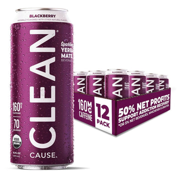 Clean Cause Low Calorie Blackberry Usda Organic Sparkling Yerba Mate Tea (16Oz Cans, 12-Pack Case) Low Sugar, 160Mg Caffeine, Healthy Alternative To Soda & Energy Drinks