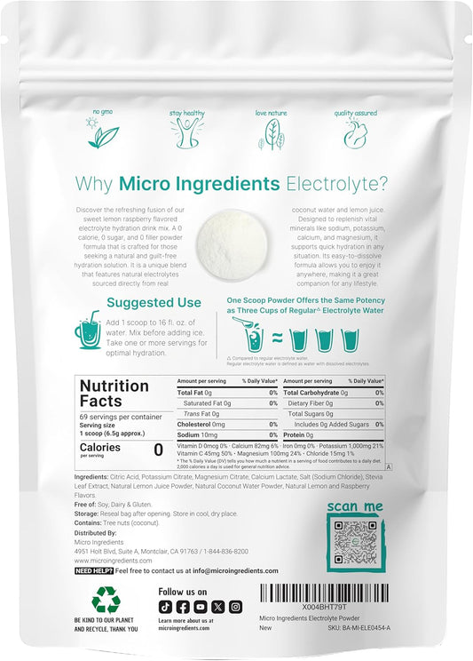 Micro Ingredients Hydration Electrolyte Powder, 1Lb (69 Servings), Keto & No Sugar - High Potassium (1000Mg) With Lemon Raspberry Flavored - Made With Real Lemon Juice & Coconut Water - Non-Gmo