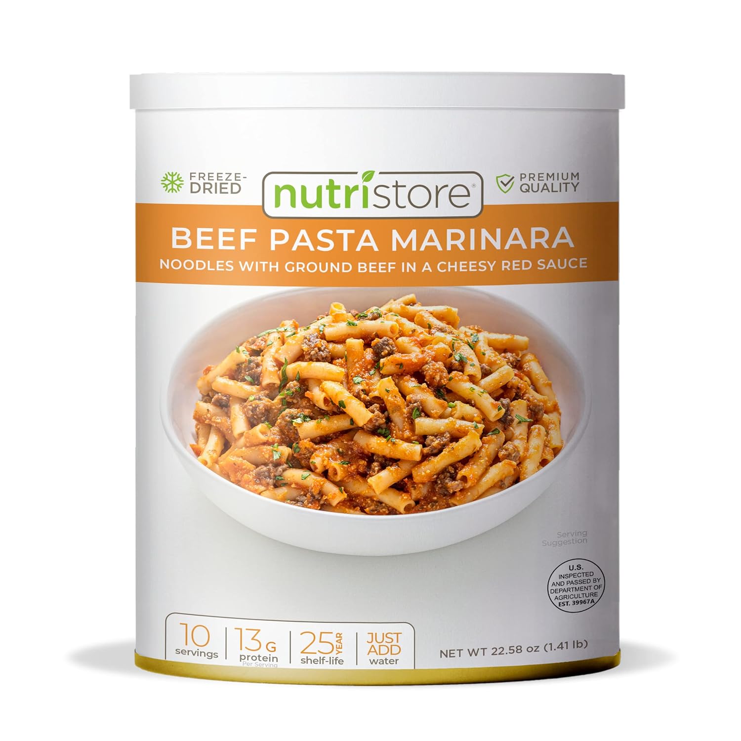 Nutristore Freeze-Dried Beef Pasta Marinara | Emergency Survival Bulk Food Storage Meal | Perfect for Everyday Quick Meals and Long-Term Storage | 25 Year Shelf Life | USDA Inspected (1-Pack)