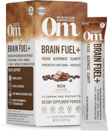 Om Mushroom Superfood Brain Fuel Plus Mushroom Powder Drink Mix, Mocha Flavor, Single Serve, 10 Count, Lions Mane & Rhodiola, Memory & Focus Support Supplement