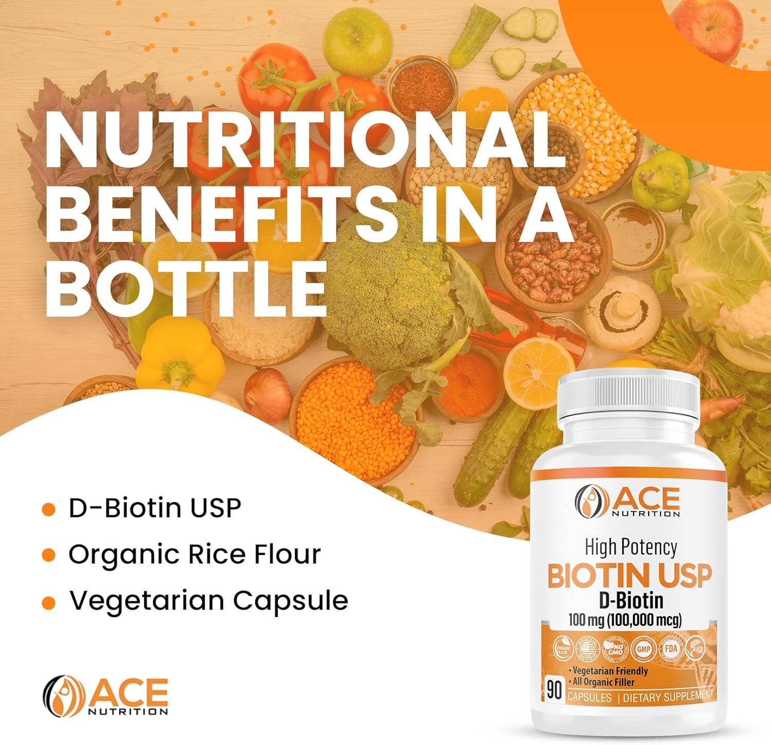Ace Nutrition High Potency Biotin USP (D-Biotin 100,000mcg) - Superior Biotin, Organic Rice Flour, Vegetarian Capsules For Hair, Skin, & Myelin Health, Made in the USA (100mg/90 Capsules) : Health & Household