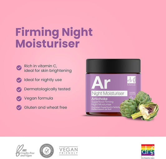 Dr Botanicals Superfood Natural & Vegan Night Moisturiser With Vitamins, Artichoke & Cucumber. Improves Skin Tone, Texture. Gives Youthful Skin. Suitable For Dry, Oily, Combination Skin. 60Ml