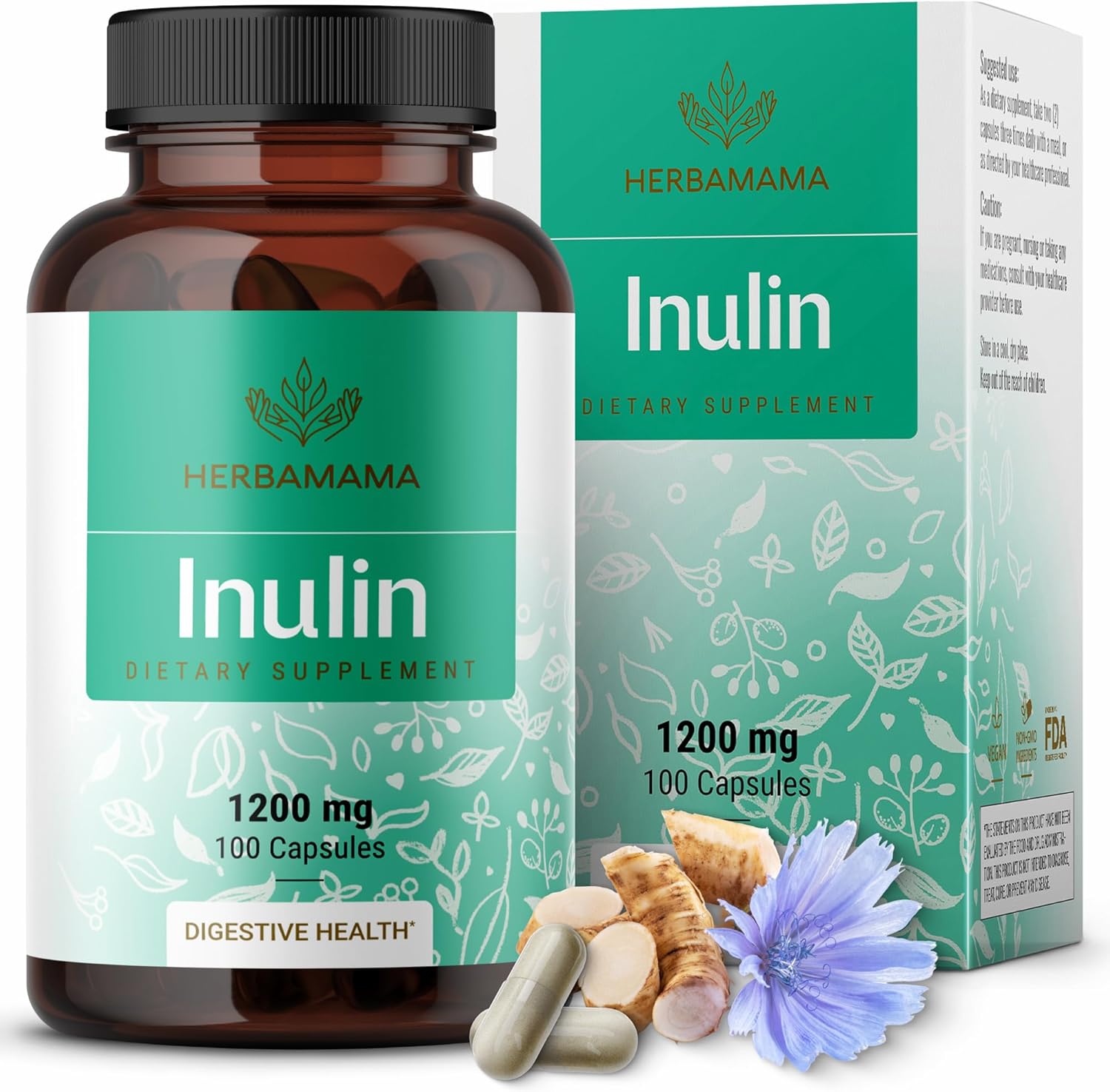 Herbamama Inulin Capsules - 1200 Mg Chicory Root Inulin Prebiotic Fiber Supplement - Inulin Powder For Gut Health & Digestive Support - Vegan, Non-Gmo - 100 Caps