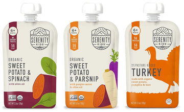 Serenity Kids Sweet Potato Lover Baby Food Pouch Bundle | 6 Each Of Organic Sweet Potato & Spinach, Sweet Potato & Parsnip And Pasture Raised Turkey, Sweet Potato, Pumpkin, & Beet (18 Count)