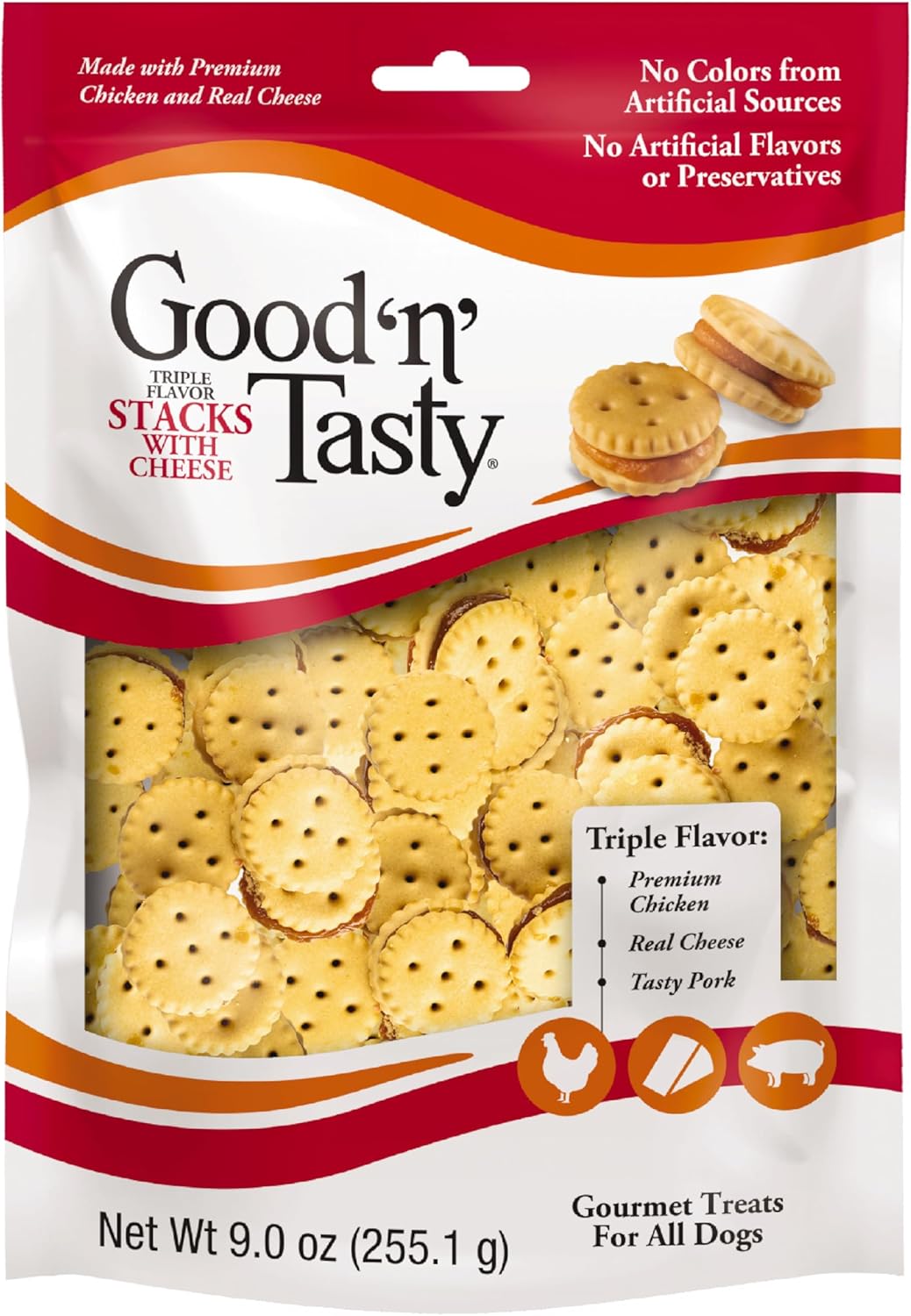 Good 'N' Tasty Triple Flavor Stacks With Cheese, 9 Ounces, Bite Sized Snacks For Dogs With Premium Chicken And Real Cheese