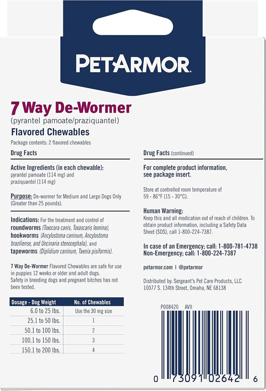 Petarmor 7 Way De-Wormer For Dogs, Oral Treatment For Tapeworm, Roundworm & Hookworm In Large Dogs & Puppies (Over 25 Lbs), Worm Remover (Praziquantel & Pyrantel Pamoate), 2 Flavored Chewables