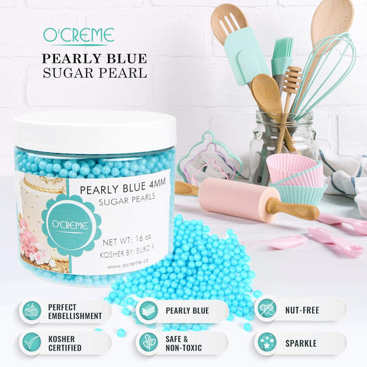 O'Creme Blue Edible Sugar Pearls Cake Decorating Supplies For Bakers: Cookie, Cupcake & Icing Toppings, Beads Sprinkles For Baking, Certified, Candy Sugar Ball Accents (4Mm, 8 Oz)