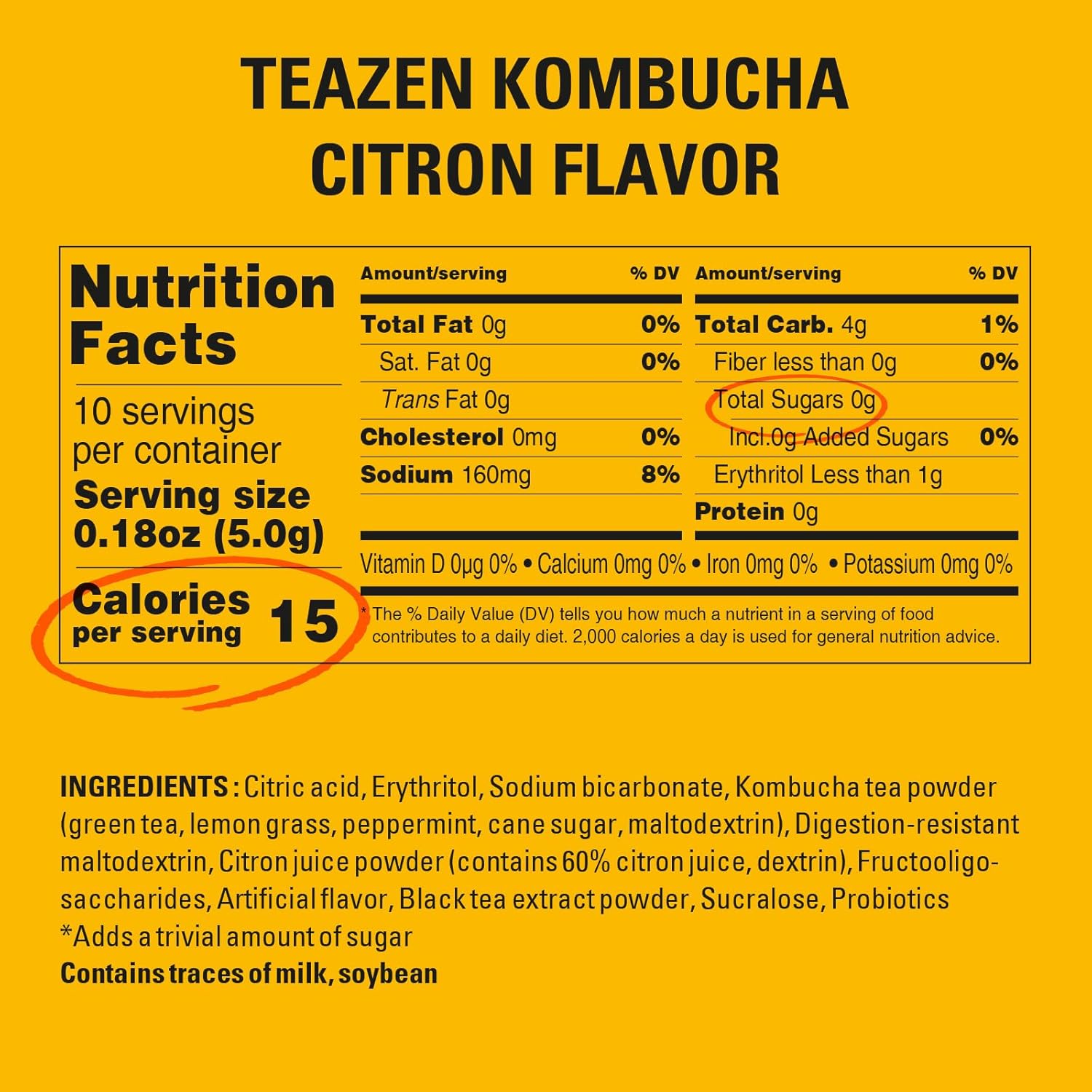 Teazen Citron Kombucha Tea, Hydration Drink Mix, Sugar Free, Live Probiotics & Prebiotics, 10 Sticks, 1.76Oz