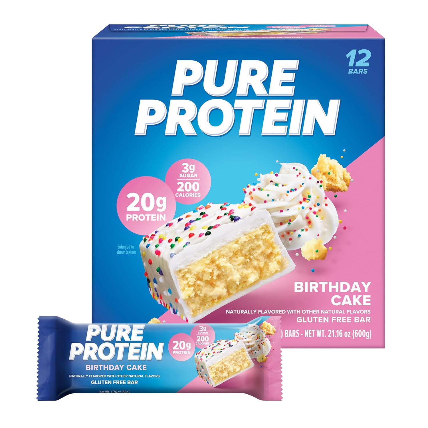 Pure Protein Bars, High Protein, Nutritious Snacks To Support Energy, Low Sugar, Gluten Free, Birthday Cake, 1.76 Oz, Pack Of 12 (Packaging May Vary)