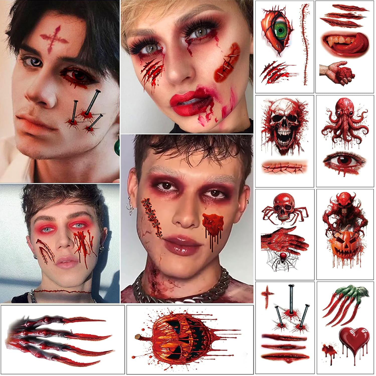 Fake Zombie Scar Tattoos, Waterproof Halloween Makeup Tattoos Kit, 30 Sheets Fake Vampire Teeth/Spider/Mouth Tattoos Stickers Suitable For Halloween Cosplay And Costume Party