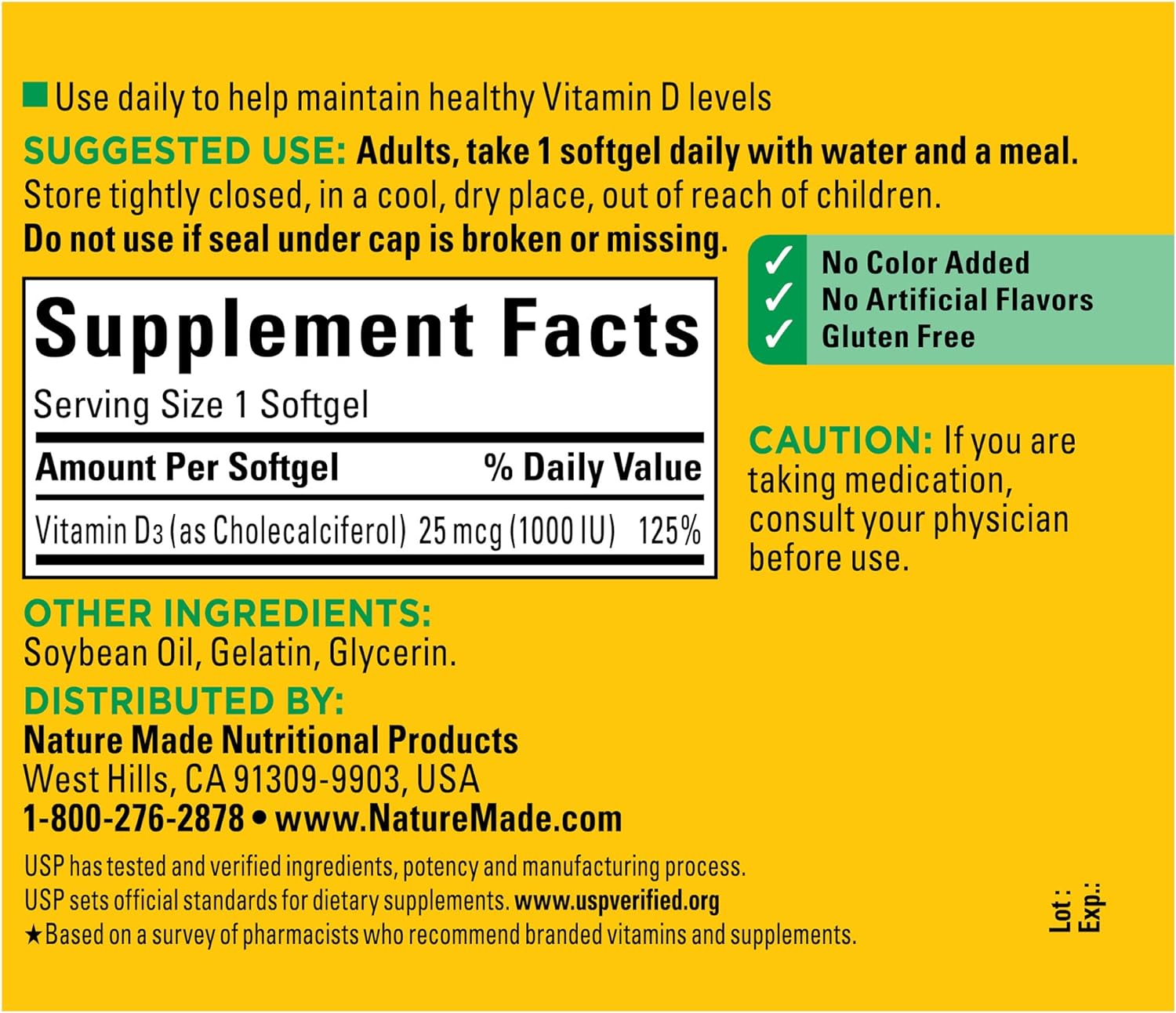 Nature Made Vitamin D3 1000 IU (25 mcg), Dietary Supplement for Bone, Teeth, Muscle and Immune Health Support, 180 Softgels, 180 Day Supply : Health & Household