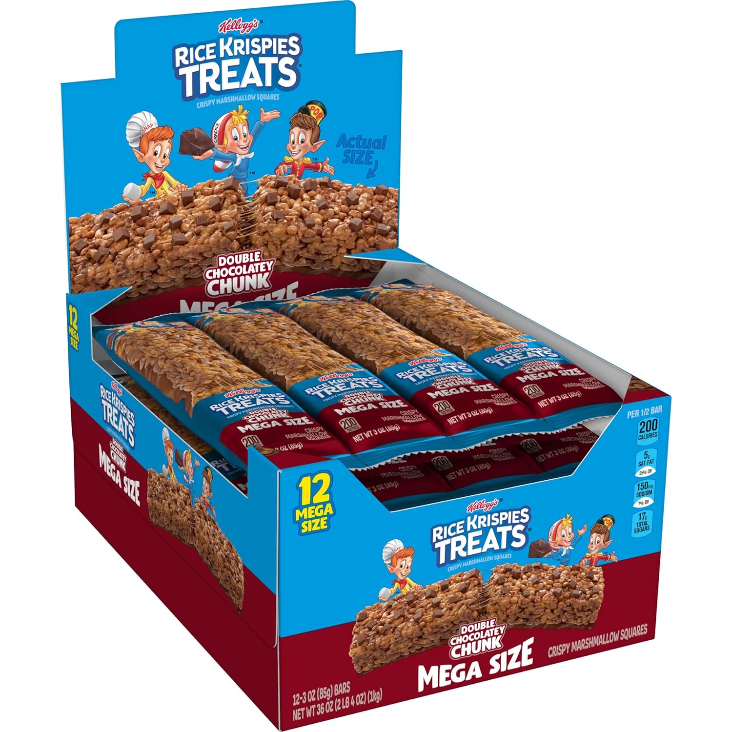 Rice Krispies Treats Mega Bars Large Marshmallow Snack Bars, Kids Snacks, Big Bars, Double Chocolatey Chunk, 36Oz Box (12 Bars)