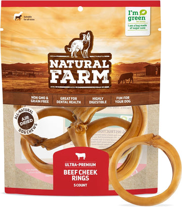 Natural Farm Cheek Bully Ring For Dogs, (5-Pack), Best Bully Stick Alternative, 100% Natural Beef Cheek, High Protein, Cleans Teeth, Long Lasting Chews For All Dog Sizes