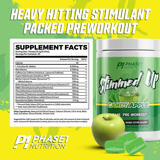 Stimmed Up Insane Pre Workout 325mg Caffeine for Hyper Focus, Energy Boost, and Extreme Pumps- High Stim Preworkout with Beta Alanine, Caffeine with no Artificial Flavor (Candy Apple))