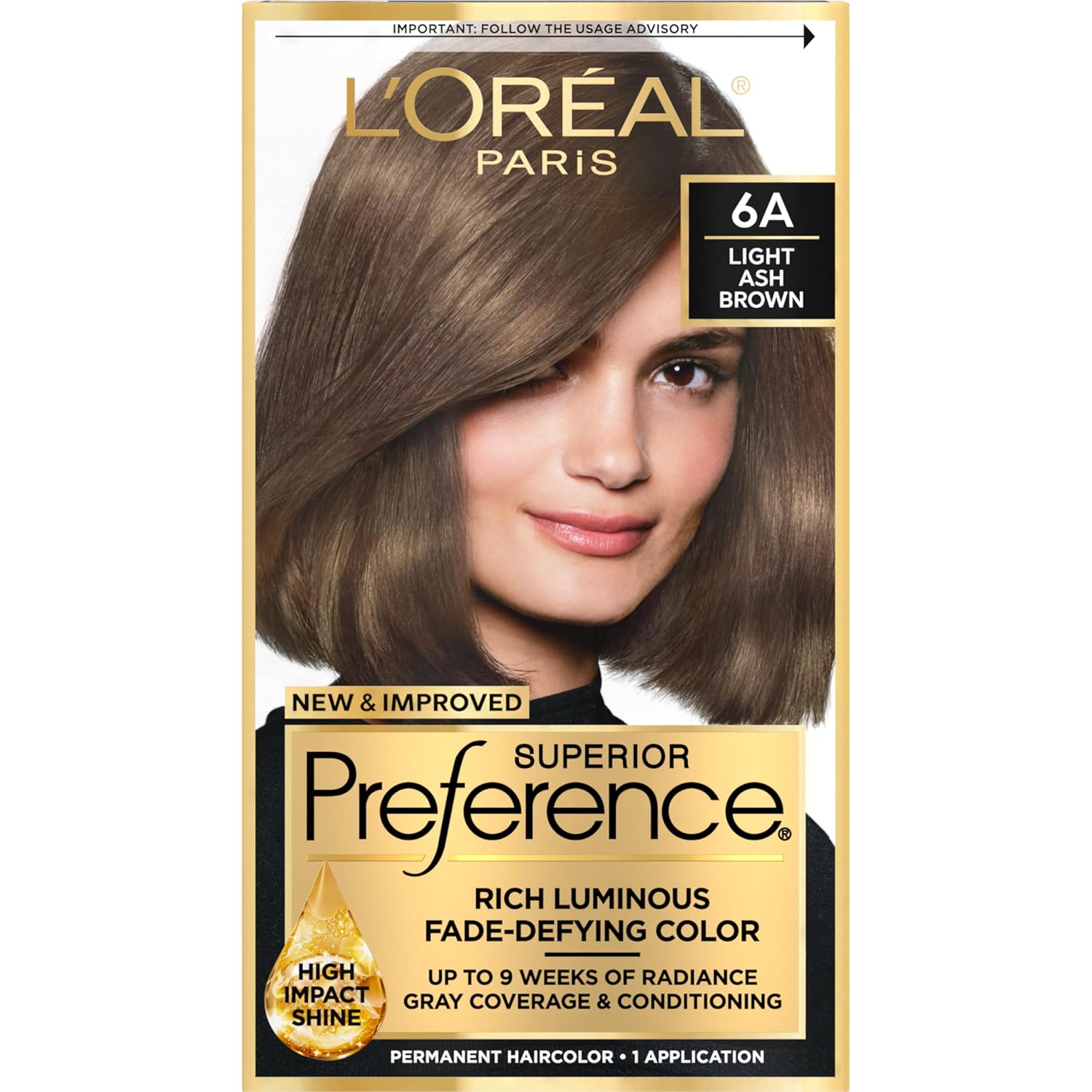 L'Oreal Paris Superior Preference Luminous Fade-Defying Permanent Hair Color, Hair Dye For Up To 9 Weeks Of Radiance, Light Ash Brown 6A, 1 Hair Dye Kit