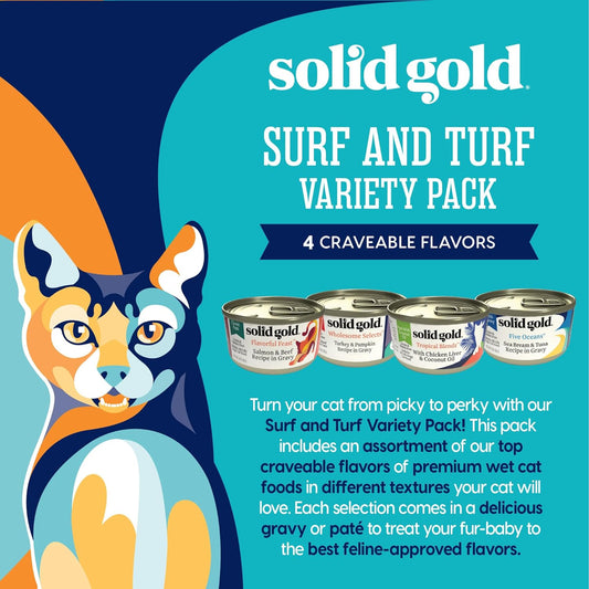 Solid Gold Wet Cat Food For Adult & Senior Cats 12 Pack - Surf & Turf Wet Cat Food Variety Pack - Made With Real Protein For Healthy Digestion And Sensitive Stomach