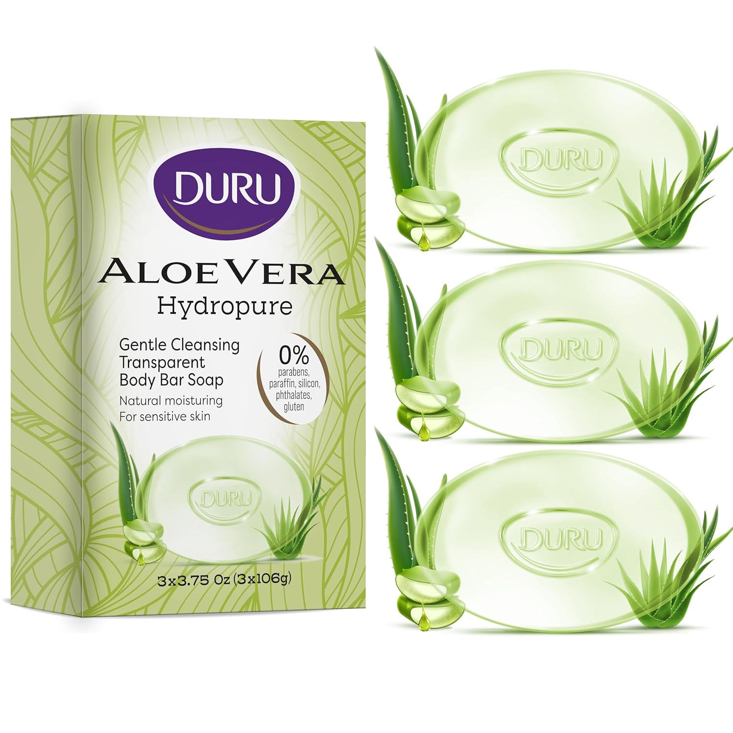 Duru Aloe Vera Glycerin Bar Soap - Vegan Transparent Cleansing Bar Moisturizing Sensitive Skin Wash for Women and Men Plant Based - 3 Pack