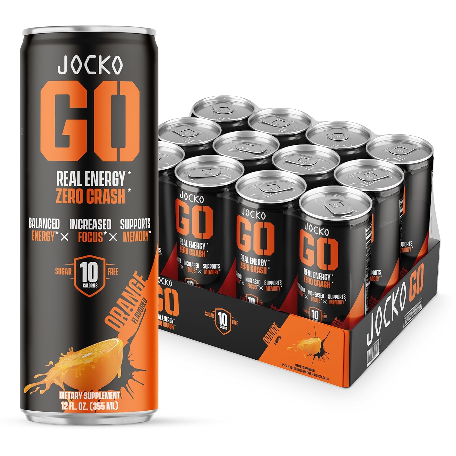 Jocko Go Energy Drink - Keto, Vitamin B12, Vitamin B6, Electrolytes, L Theanine, Magnesium- All Natural Energy Boost, Sugar Free Nootropic Monk Fruit Blend - 12 Pack (Orange)