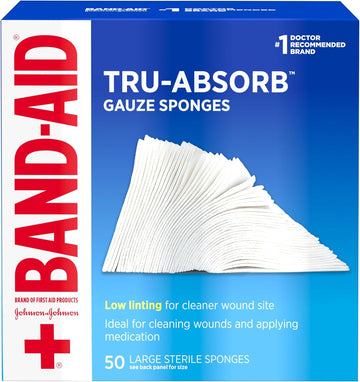 Band Aid Brand First Aid Products Tru-Absorb Sterile Gauze Sponges For Cleaning And Cushioning Minor Wounds, Cuts & Burns, Low-Lint Design, Individually Wrapped 4 In By 4 In Pads