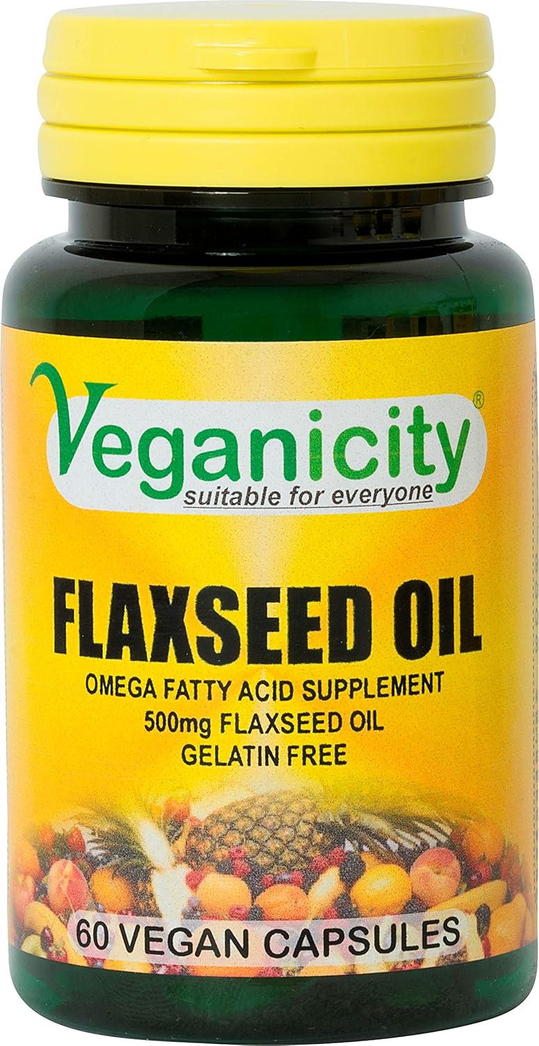 Veganicity Flaxseed Oil 500Mg : Omega-3, -6, -9 Fatty Acid Supplement - 60 Gelatin Free Capsules, In A Planet-Friendly 99% Recycled Pot