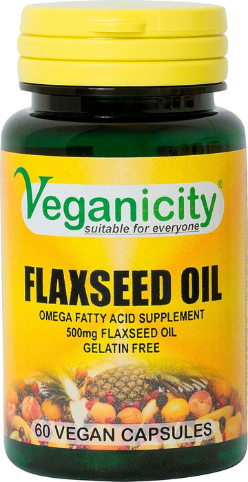 Veganicity Flaxseed Oil 500Mg : Omega-3, -6, -9 Fatty Acid Supplement - 60 Gelatin Free Capsules, In A Planet-Friendly 99% Recycled Pot