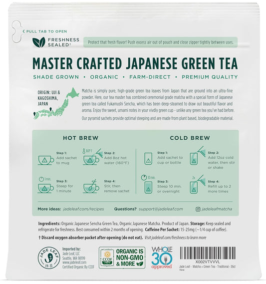 Jade Leaf Matcha Organic Matcha + Green Tea Bags - Traditional - Ceremonial Matcha + Whole Leaf Sencha - Authentic Japanese Origin (35 Pyramid Sachets)