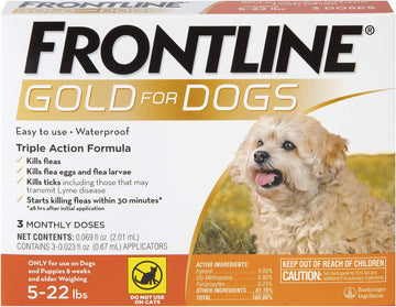 Frontline Gold Flea & Tick Treatment for Small Dogs Up to 5 to 22 lbs., Pack of 3