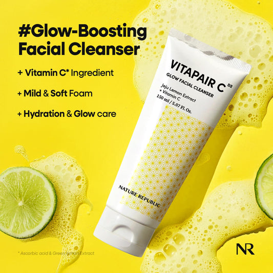 Nature Republic Vitapair C Glow Facial Cleanser, Centella Asiatica Extract, Citrus Lemon Fruit Extract, Face Wash, Cleansing Foam, Vitamin C Cleanser,Valentines Day Gifts 150Ml / 5.07 Fl Oz