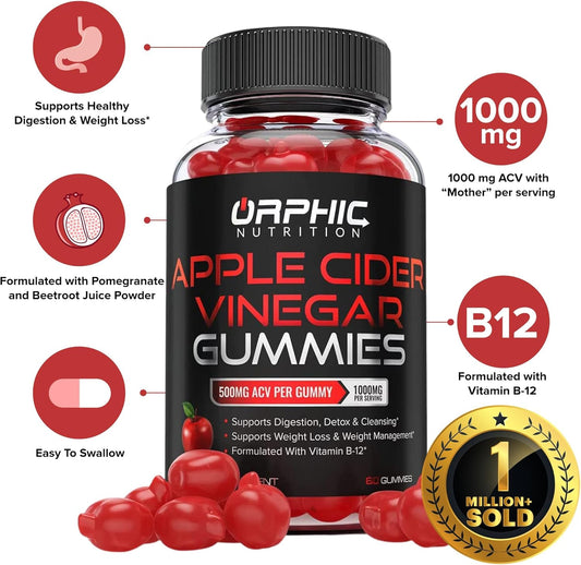 Apple Cider Vinegar Gummies - 1000Mg - Formulated To Support Normal Energy Levels & Gut Health - Supports Digestion, Detox & Cleansing - Acv Gummies W/Vit B12, Beetroot (60 Count)
