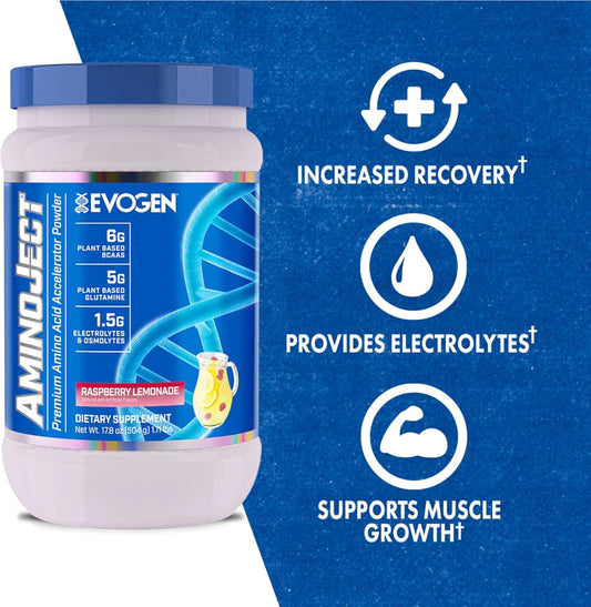 Evogen Aminoject - Premium Bcaa Powder & Eaa Recovery Formula With Electrolytes | Amino Acids Supplement For Muscle Growth, Hydration, & Recovery | Raspberry Lemonade | 30 Servings