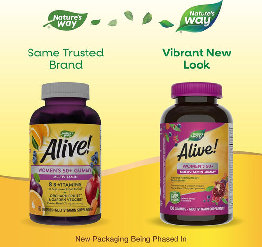 Nature'S Way Alive! Women’S 50+ Daily Gummy Multivitamin, Supports Multiple Body Systems*, Supports Healthy Heart, Brain & Bones*, B-Vitamins, Mixed Berry Flavored,130 Gummies (Packaging May Vary)
