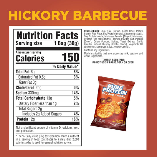 Pure Protein Popped Crisps, Hickory Barbeque, Gluten Free, Non-Gmo, High Protein Snack, 12G Protein, 12 Count