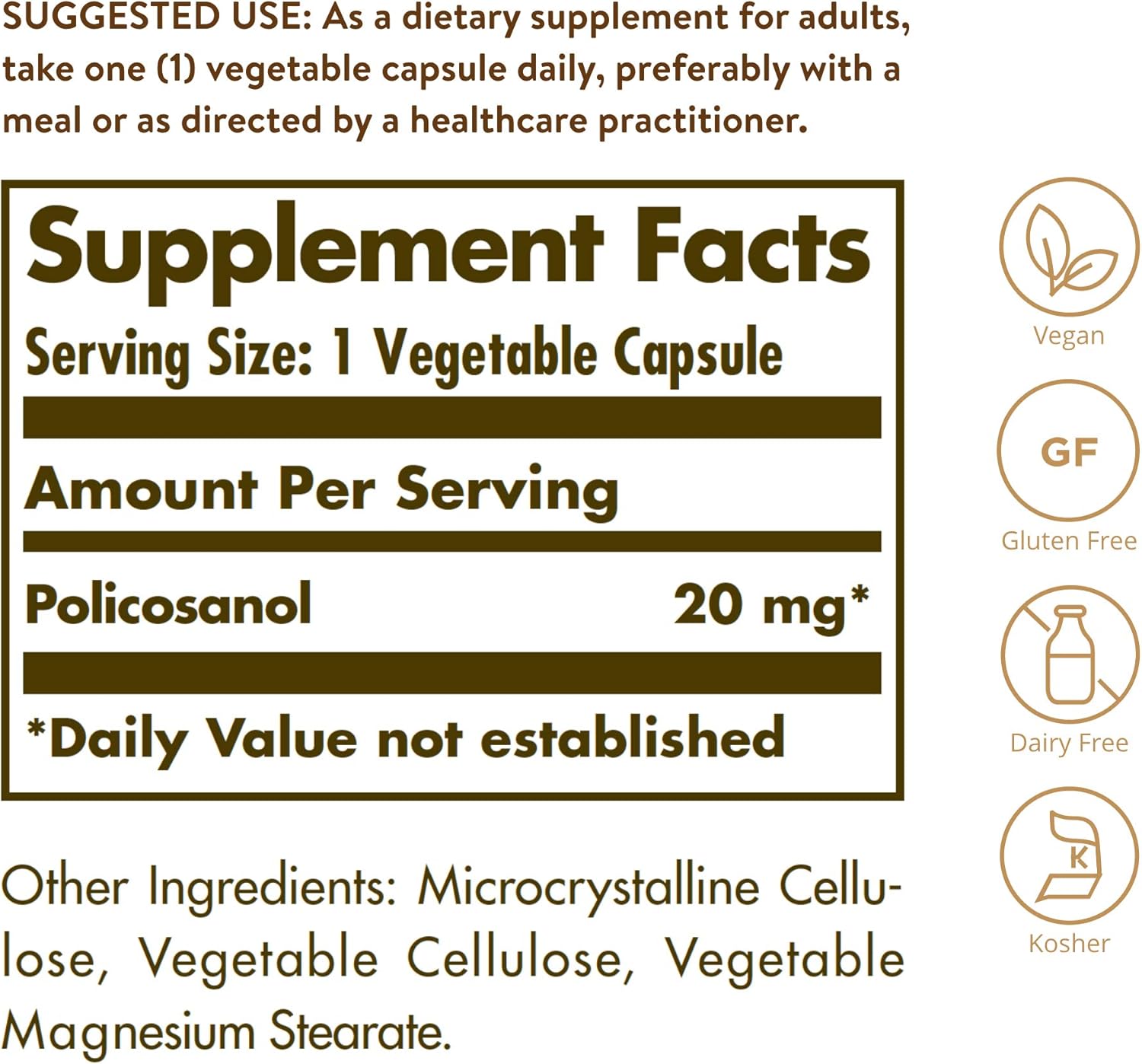 Solgar Policosanol 20 mg, 100 Vegetable Capsules - Supports Heart Health - General Wellness - Vegan, Gluten Free, Dairy Free, Kosher - 100 Servings : Health & Household