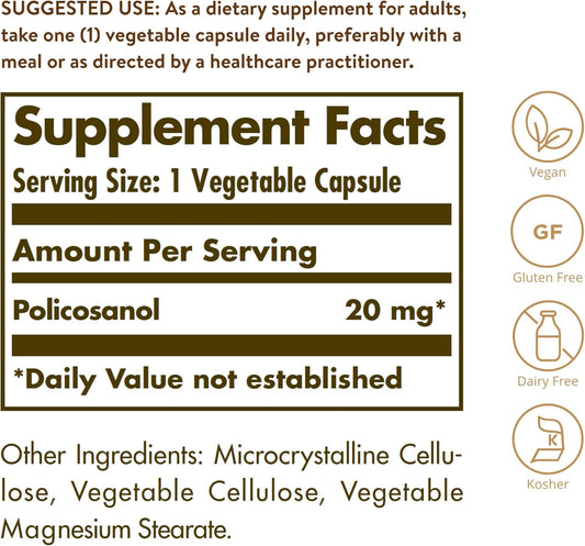 Solgar Policosanol 20 mg, 100 Vegetable Capsules - Supports Heart Health - General Wellness - Vegan, Gluten Free, Dairy Free, Kosher - 100 Servings : Health & Household