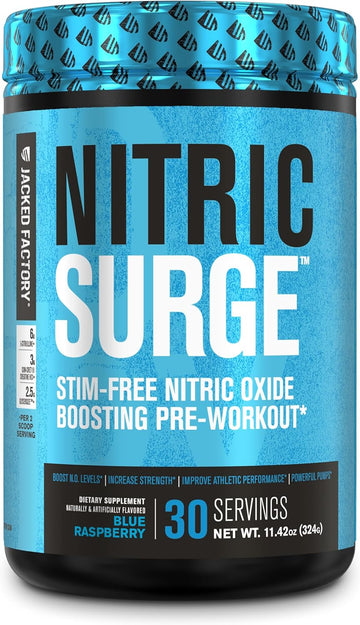 Nitric Surge Stim Free Pre Workout Powder - Caffeine Free Nitric Oxide Supplement W/Con-Cret Creatine, L Citrulline, & Glycersize Glycerol For Pumps & Muscular Hydration - Blue Raspberry, 30 Servings