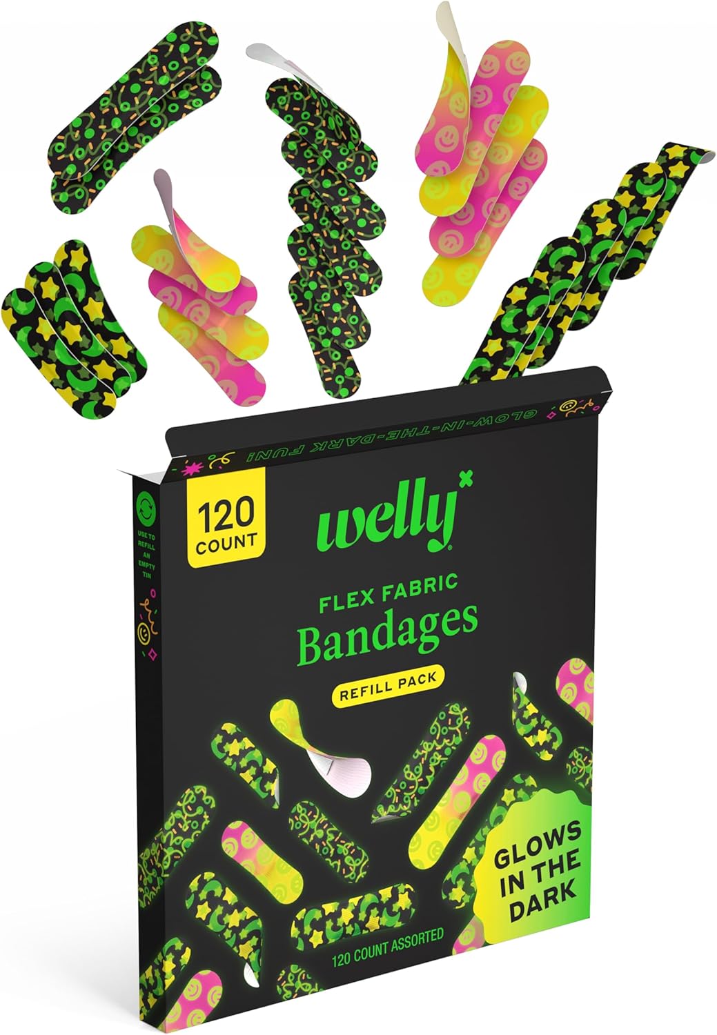 Welly Bandage Glow-in-The-Dark Refill Pack | Adhesive Flexible Fabric Bandages | Assorted Shapes and Patterns for Minor Cuts, Scrapes, and Wounds - 120 Count : Health & Household