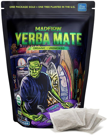 Madflow Yerba Mate Tea Bags (100 Mate Tea Bags). Organic & Unsmoked Yerba Mate Tea. Resealable Packaging. Alternative To Yerba Mate Loose Leaf
