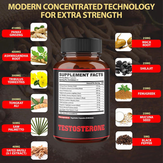 Agobi Testosterone Supplement For Men - 11 Potent Herbs - Ashwagandha, Tribulus, Ginseng & More - 60 Capsules For 1 Month