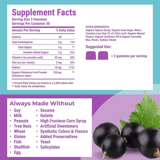 Hyland's Organic Sambucus Elderberry Gummies, Black Elderberry with ZINC and Vitamin C, Immune Support Supplement for Adults (2 Bottles of 60 Each) Naturals